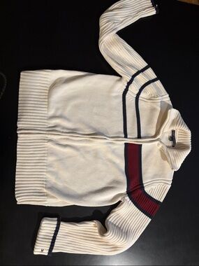 Tommy Hilfiger Cream Zip-Up Sweater with Navy and Burgundy Stripes